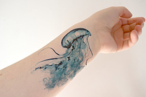 570x380 Watercolor Jelly Fish Tattoo On Forearm
