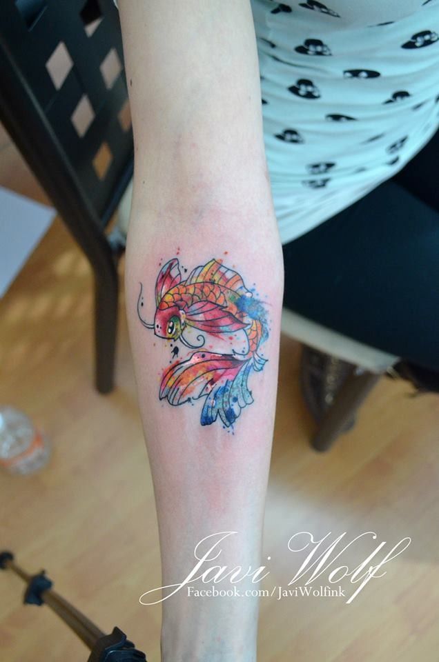 636x960 Awesome Forearm Little Koi Fish Watercolor Tattoo Design For Girls