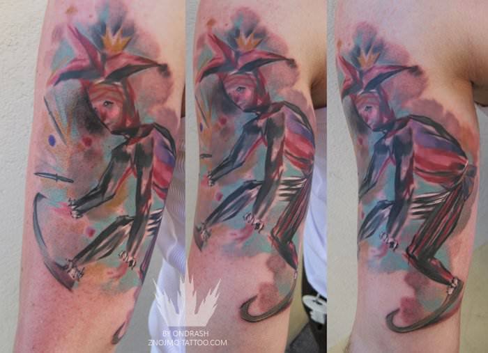 700x507 This Colorful Watercolor Tattoo Of A Jester Dancing By Ondrash Is