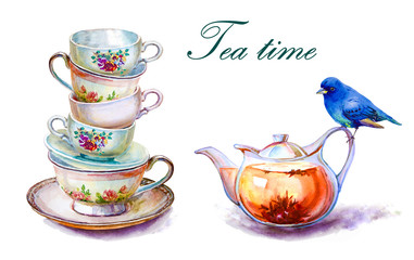 381x240 Party Colorful Tea Cups And Saucers Closeup. Sketch Handmade