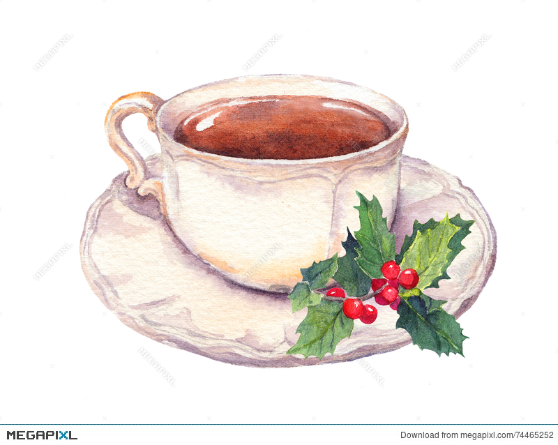 800x638 Tea Cup With Christmas Mistletoe. Watercolor Stock Photo 74465252