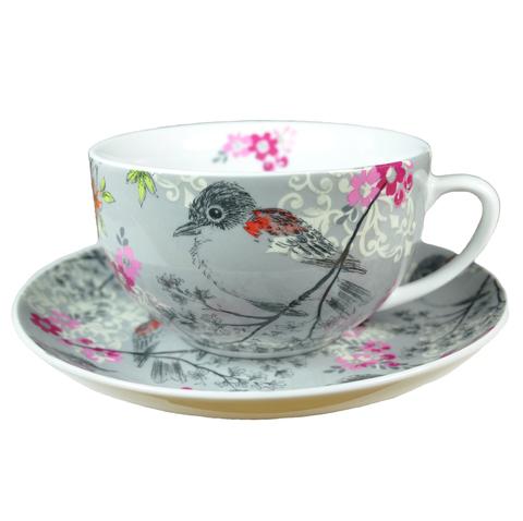 480x478 Watercolor Bird Teacup And Saucer Eat More Tea