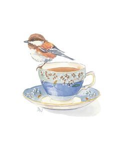 236x295 Original Bird And Teacup Watercolour Painting By Waterinmypaint