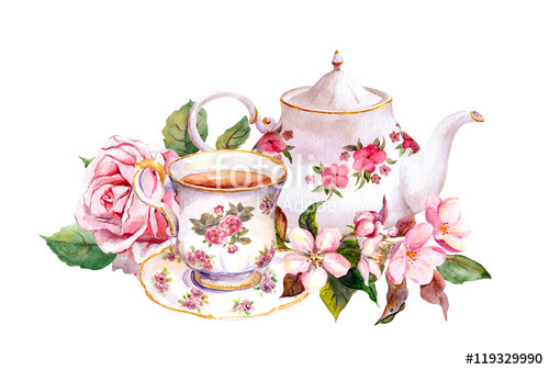 500x337 Teacup, Tea Pot With Flowers. Vintage Card. Watercolor Stock