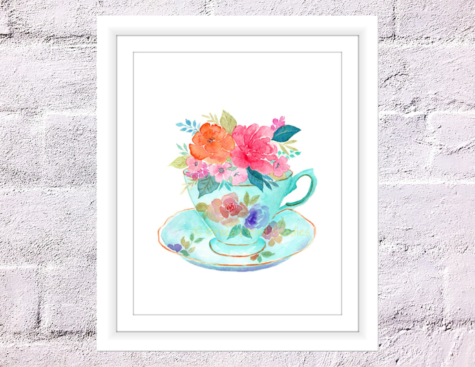 690x534 Teacup Print, Watercolor Teacup, By Breezy Bird Goodies On Zibbet