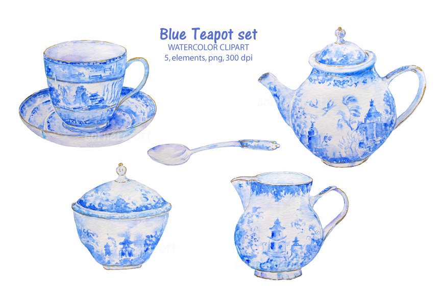 864x576 Hand Drawn Watercolor Blue Teapot Set Tea Cup Instant Download Etsy