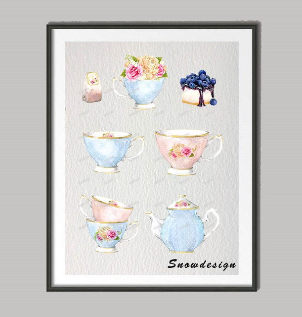 611x640 Original Watercolor Teapot Cake Wall Art Canvas Painting Kitchen