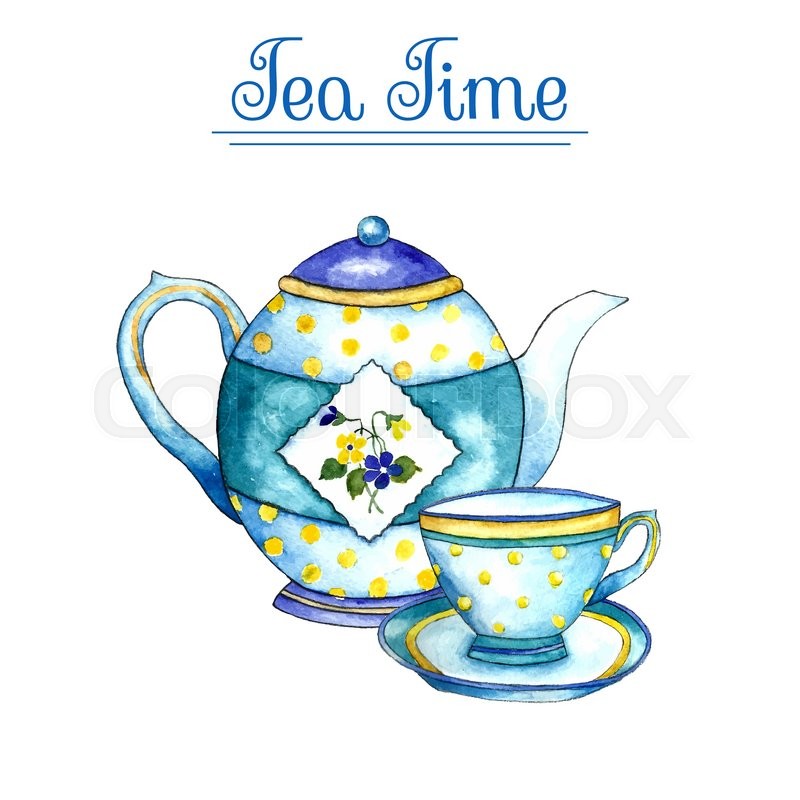 800x800 Watercolor Teapot And Cup On The White Backgrounds. Vector