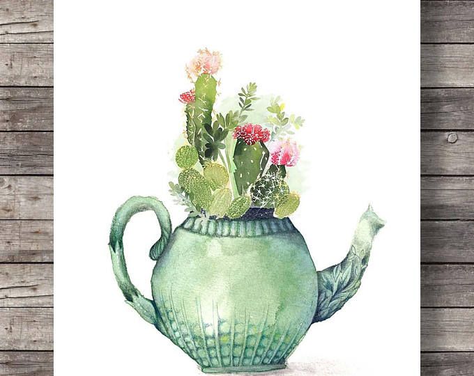 680x540 Cacti Teapot Art Print Printable Art Watercolor Cactus Hand