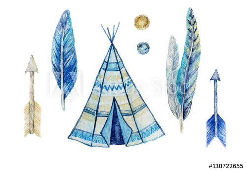 500x347 Hand Painted Watercolor Set With Wigwam, Feathers, Arrows, Glass
