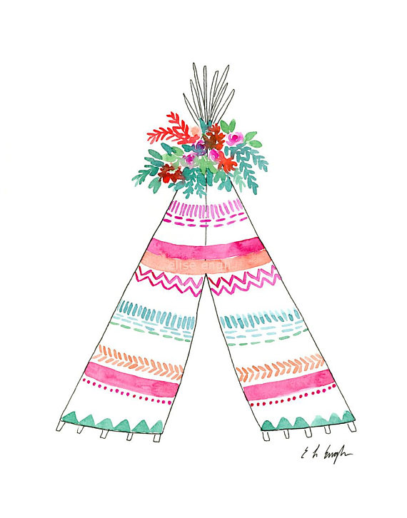 570x726 Pink Boho Teepee, Original Watercolor Illustration, Watercolor