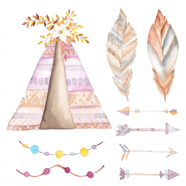 626x626 Watercolor Teepee, Ethnic Arrows And Flowers Set Vector Premium