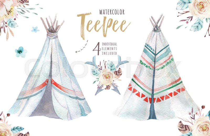 800x520 Watercolor Teepee Illustration. Watercolour Bohemian Organic