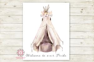 300x200 Boho Welcome To Our Tribe Print Wall Art Watercolor Teepee Floral