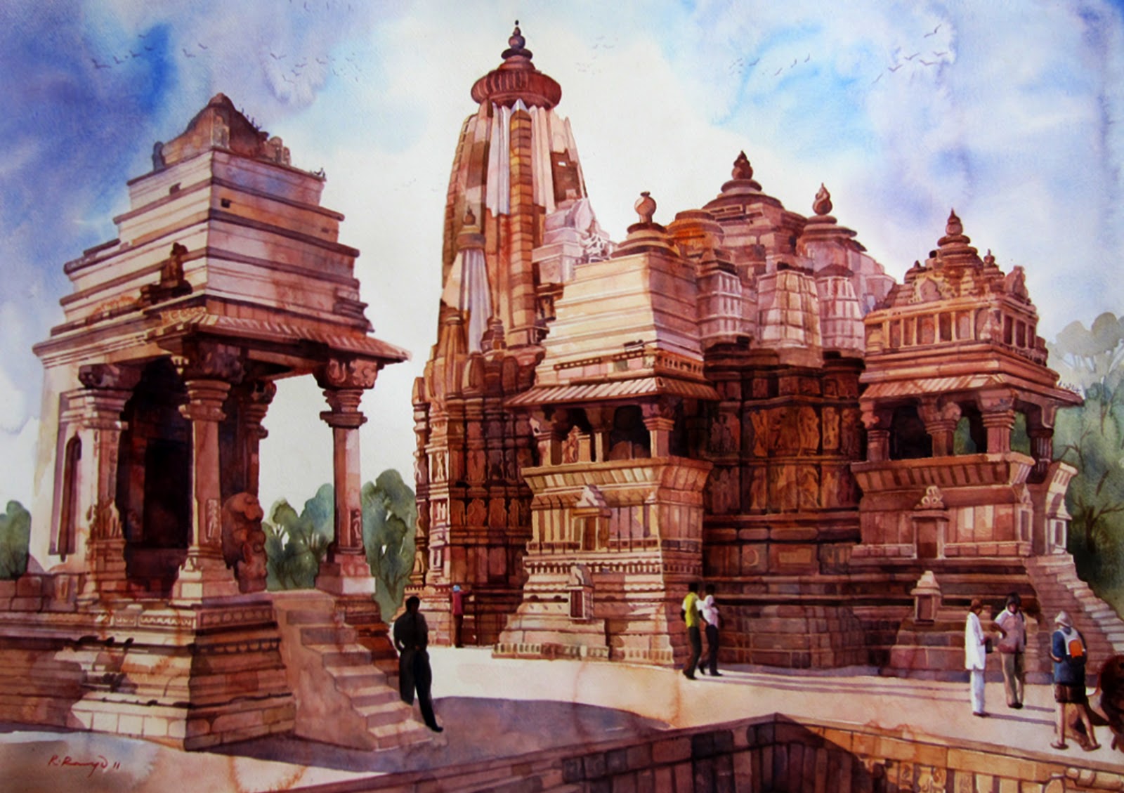 1600x1129 Artist Ragu Khajuraho Temple Watercolor Painting