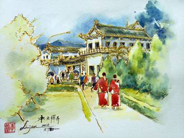 375x281 Chengtian Temple Watercolor Painting By Jan Li Saatchi Art
