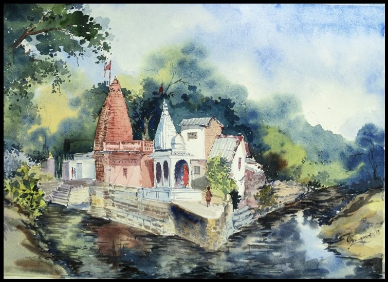 755x550 Hanuman Temple By Artist Ghanshyam Dongarwar Landscape Art