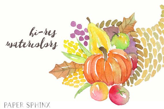 570x379 Watercolor Thanksgiving Clipart Autumn Cornucopia Turkey