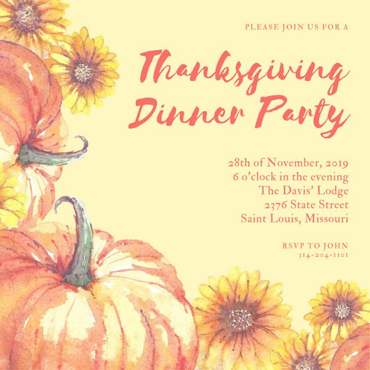 530x530 Yellow Watercolor Thanksgiving Invitation