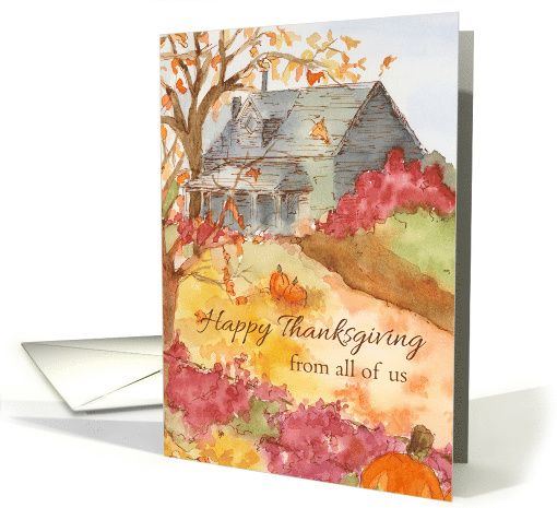510x465 Happy Thanksgiving From All Of Us Autumn Landscape Watercolor Card