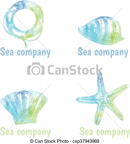 427x470 Hand Drawn Watercolor Logos Set On Theme Sea. Vector Illustration.