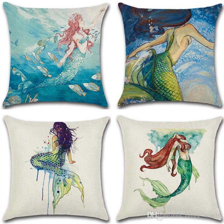 739x739 Mermaid Linen Throw Pillow Case Watercolor Decorative Pillows
