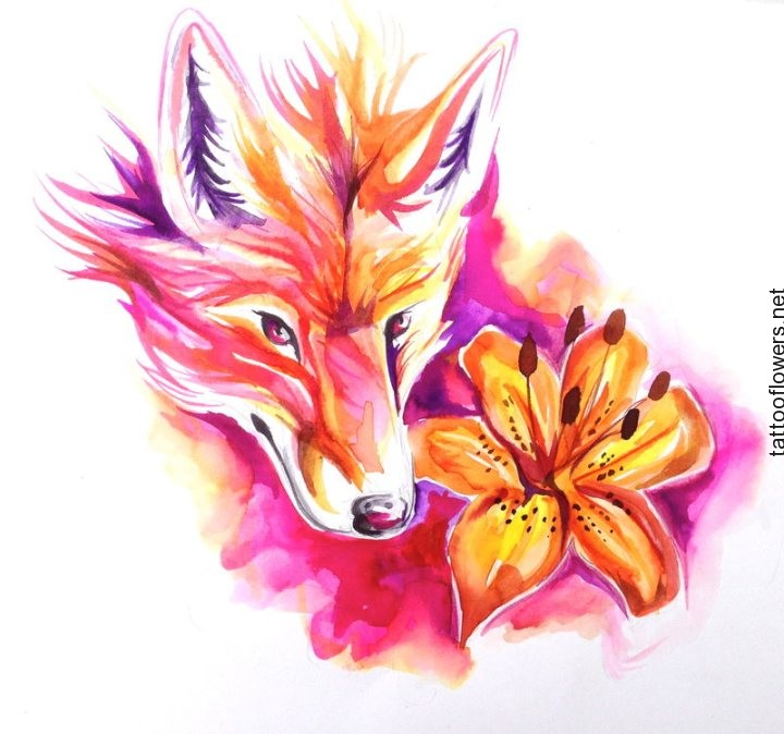 720x674 Watercolor Wolf Head And Tiger Lily Tattoo Design
