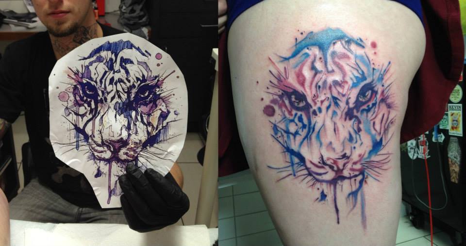 960x507 Tiger Head Watercolor Tattoo On Left Side