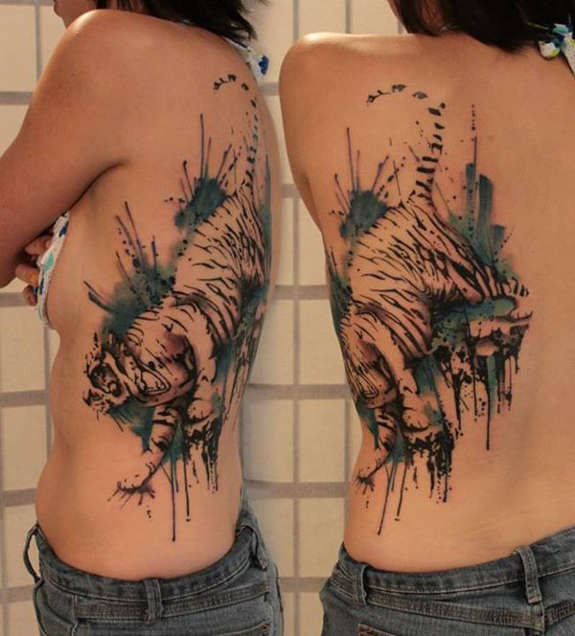 575x636 Walking Watercolor Tiger Tattoo Design For Back