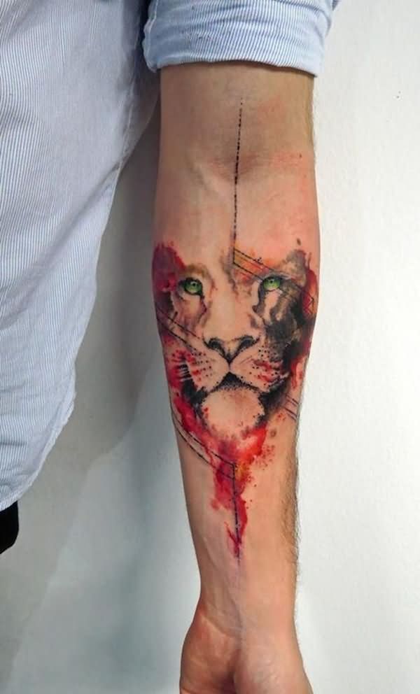 600x992 Watercolor Tiger Head Tattoo On Left Forearm