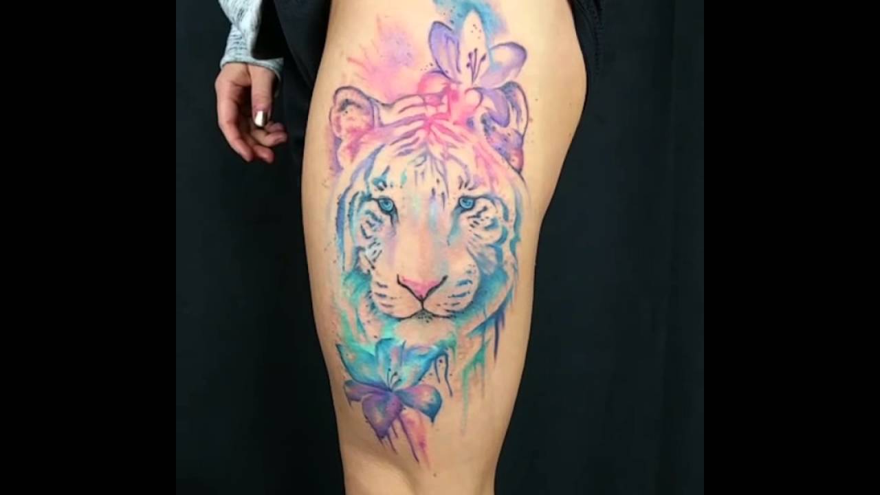 1280x720 Watercolor Style Tiger Leg Tattoo