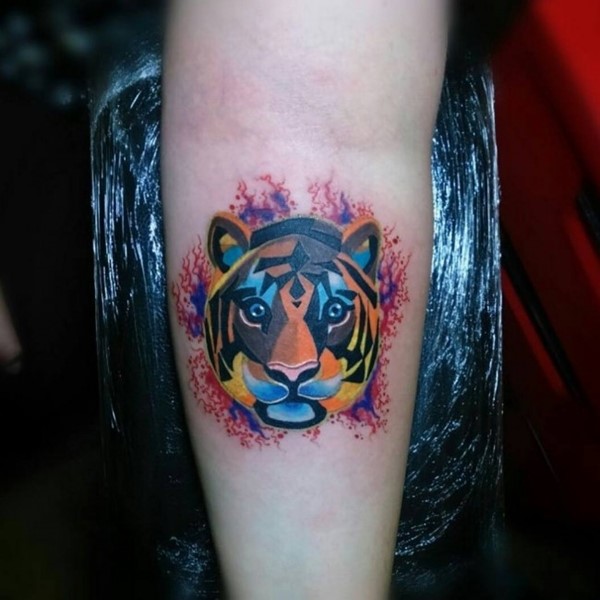 600x600 Abstract Watercolor Tiger Head Tattoo On Arm