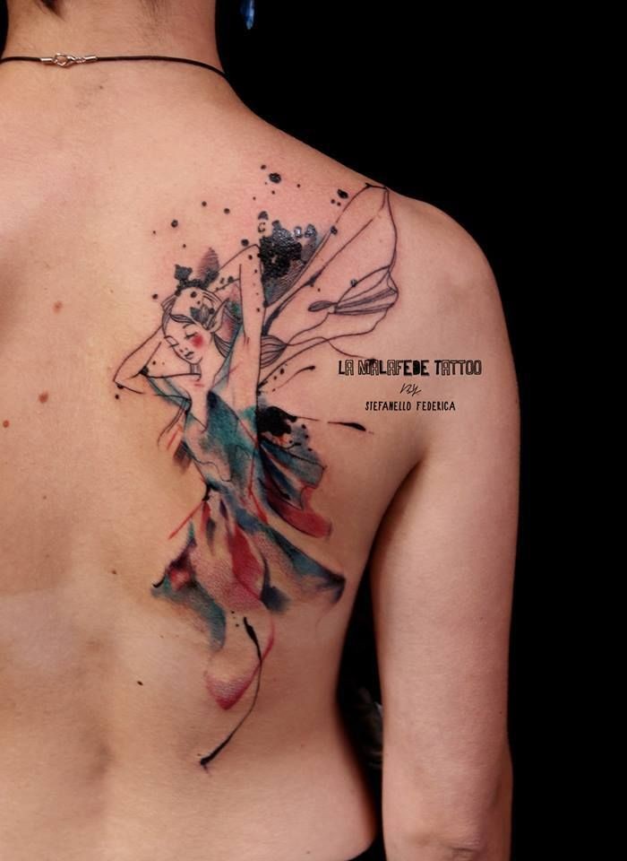 700x960 Watercolor Tinkerbell Tattoo On Right Back Shoulder