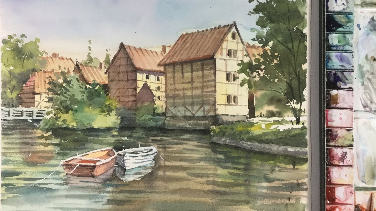 1280x720 Watercolor Landscape Painting The Old Town Of Aarhus