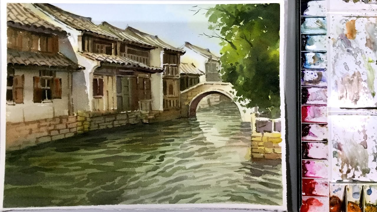 1280x720 Watercolor Landscape Painting Zhouzhuang Water Town