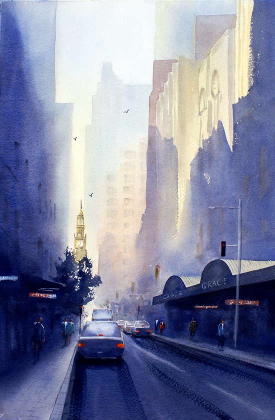 550x840 York Street, Sydney Watercolor Painting. Early Morning Light With