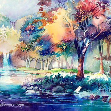 354x354 Watercolor Painting Landscape Print By From Michaeldavidsorensen