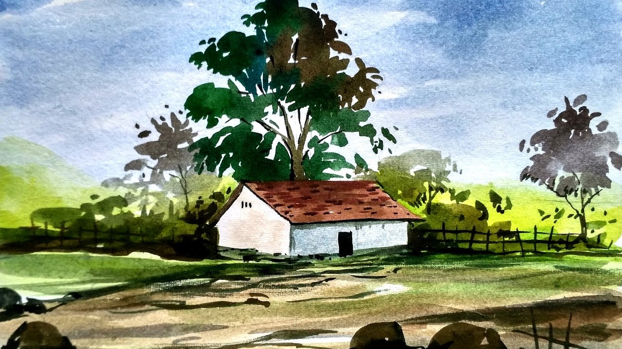 1280x720 Simple Watercolor Landscape Painting, Watercolor Painting For