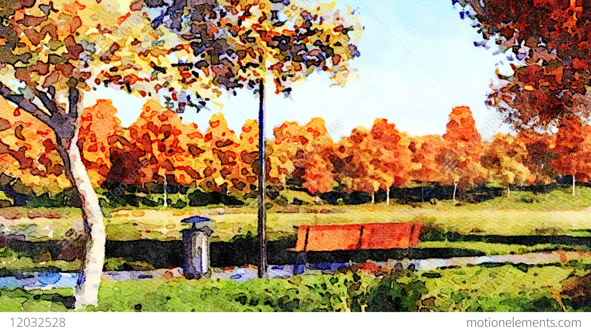 1920x1080 Colorful Autumn Trees In City Park Watercolor Landscape Stock