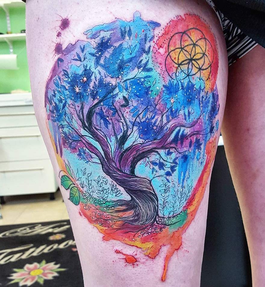 880x951 Colorful Tree Of Life Tattoo On Womans Thigh Best Tattoo Design