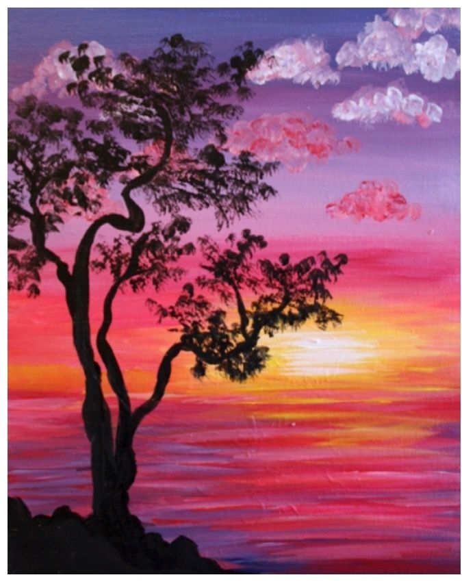 675x856 Tree Silhouette Sunset Painting In Pinks, Orange Painting