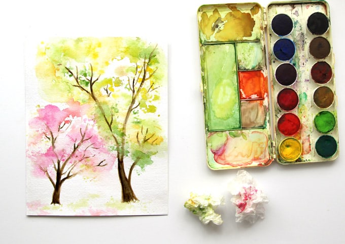 680x481 Spring Trees Watercolor Painting With... Crumbled Paper!