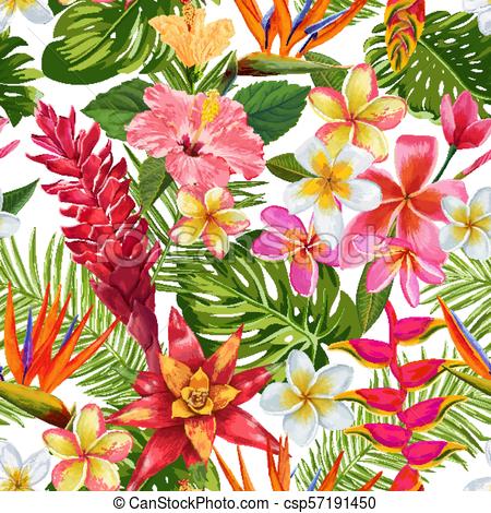 450x470 Watercolor Tropical Flowers And Palm Leaves Seamless Pattern