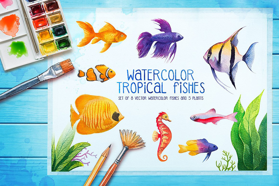940x627 Watercolor Fish And Aquarium Graphics 8 Fishes And 5 Plants