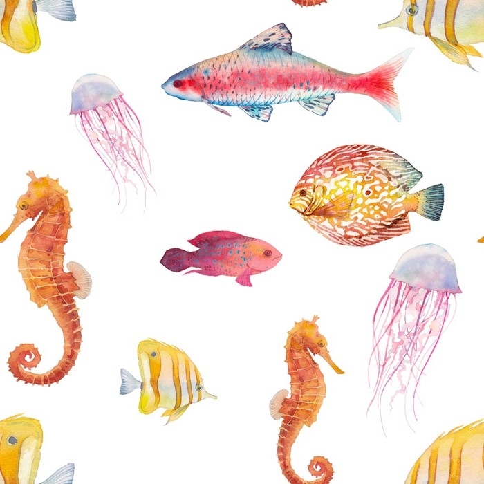 700x700 Watercolor Tropical Fish Seamless Pattern. Hand Drawn Summer