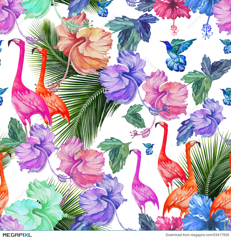 800x830 Seamless Pattern Watercolor Tropical Flowers, Palm Tree And Birds