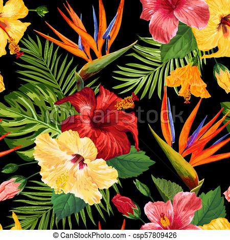 450x470 Watercolor Tropical Flowers Seamless Pattern. Floral Hand Drawn