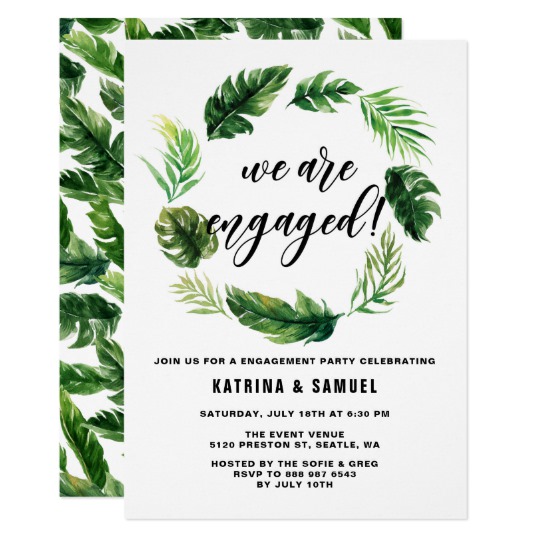 540x540 Watercolor Tropical Leaves Wreath Engagement Party Invitation