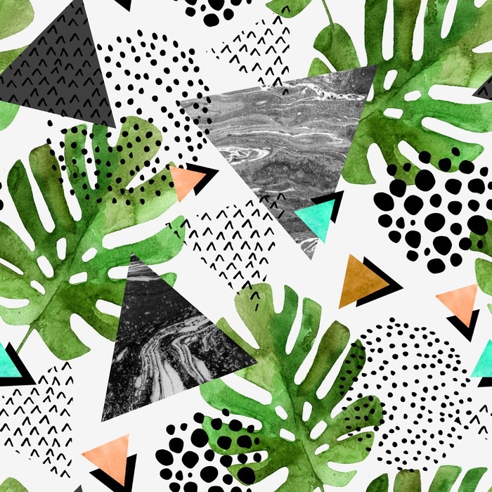 700x700 Watercolor Tropical Leaves And Textured Triangles Background