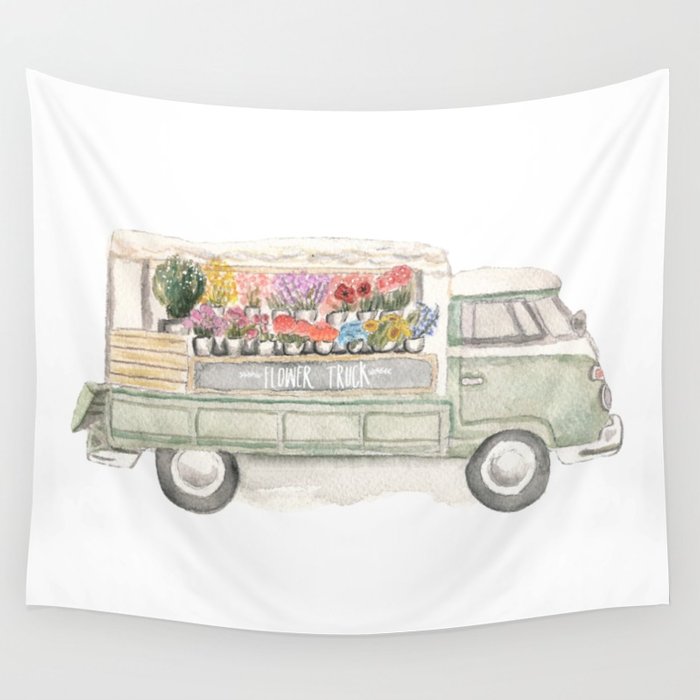 700x700 Flower Truck Watercolor Print Mint Wall Tapestry By Laurenantoniaa